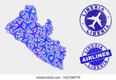 Air plane vector Liberia map mosaic and scratched stamps. Abstract Liberia map is composed of blue flat randomized air plane symbols and map pointers. Transport plan in blue colors,