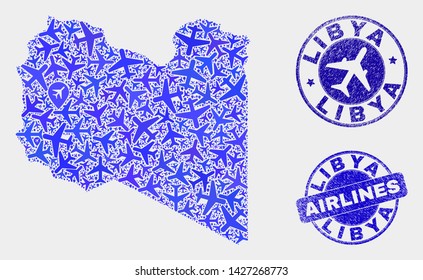 Air plane vector Libya map collage and scratched watermarks. Abstract Libya map is composed of blue flat randomized air plane symbols and map markers. Flight plan in blue colors, and rounded seals.