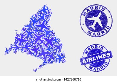 Air plane vector Madrid Province map composition and scratched seals. Abstract Madrid Province map is done with blue flat random airline symbols and map locations. Delivery scheme in blue colors,