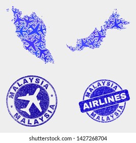 Air plane vector Malaysia map collage and scratched seals. Abstract Malaysia map is designed from blue flat random air plane symbols and map locations. Flight plan in blue colors, and rounded stamps.