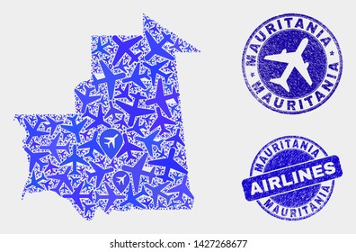 Air plane vector Mauritania map composition and scratched watermarks. Abstract Mauritania map is designed with blue flat scattered air plane symbols and map markers. Flight plan in blue colors,