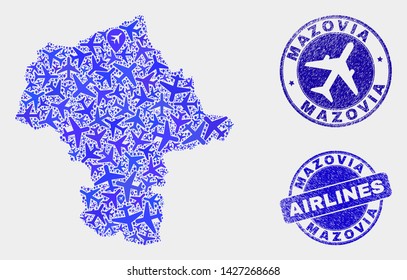 Air plane vector Mazovia Province map mosaic and scratched seals. Abstract Mazovia Province map is constructed with blue flat randomized air plane symbols and map markers.