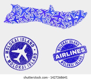 Air plane vector Molokai Island map composition and grunge stamps. Abstract Molokai Island map is done from blue flat random air plane symbols and map locations. Flight scheme in blue colors,