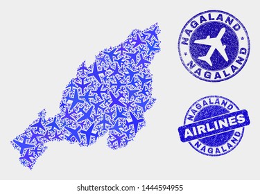 Air plane vector Nagaland State map mosaic and scratched seals. Abstract Nagaland State map is constructed of blue flat random air plane symbols and map pointers. Tourism plan in blue colors,