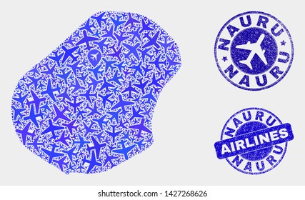 Air plane vector Nauru map mosaic and scratched stamps. Abstract Nauru map is composed with blue flat randomized air plane symbols and map locations. Tourism scheme in blue colors, and rounded stamps.