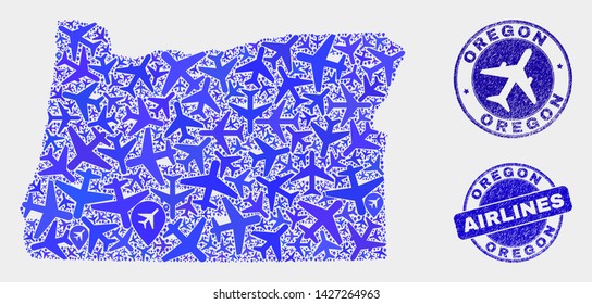 Air plane vector Oregon State map collage and grunge watermarks. Abstract Oregon State map is designed of blue flat scattered air plane symbols and map locations. Shipping plan in blue colors,