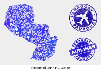 Air plane vector Paraguay map collage and scratched watermarks. Abstract Paraguay map is created of blue flat random air plane symbols and map pointers. Delivery plan in blue colors,