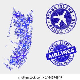 Air plane vector Pemba island map collage and scratched seals. Abstract Pemba island map is constructed with blue flat random airlines symbols and map markers. Flight plan in blue colors,