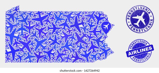 Air plane vector Pennsylvania State map mosaic and scratched stamps. Abstract Pennsylvania State map is designed of blue flat random air plane symbols and map locations.
