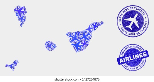 Air plane vector Santa Cruz de Tenerife Province map composition and grunge seals. Abstract Santa Cruz de Tenerife Province map is created of blue flat random air plane symbols and map locations.