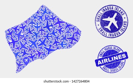 Air plane vector Small Inagua Island map mosaic and scratched seals. Abstract Small Inagua Island map is designed of blue flat scattered air plane symbols and map pointers. Flight plan in blue colors,