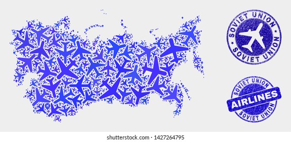 Air plane vector Soviet Union map composition and grunge stamps. Abstract Soviet Union map is designed from blue flat randomized air plane symbols and map markers. Transport scheme in blue colors,