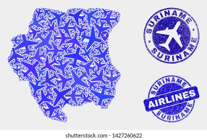 Air plane vector Suriname map collage and grunge watermarks. Abstract Suriname map is formed from blue flat scattered airline symbols and map pointers. Transport scheme in blue colors,