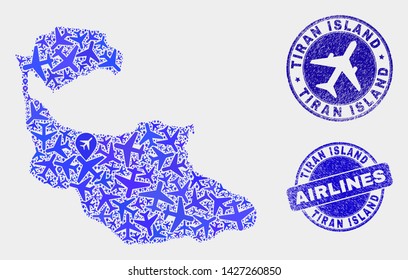 Air plane vector Tiran Island map composition and grunge seals. Abstract Tiran Island map is organized with blue flat randomized aircraft symbols and map pointers. Transport scheme in blue colors,