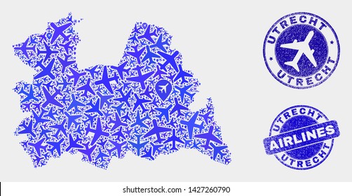 Air plane vector Utrecht Province map mosaic and scratched stamps. Abstract Utrecht Province map is constructed from blue flat random air plane symbols and map markers. Flight scheme in blue colors,