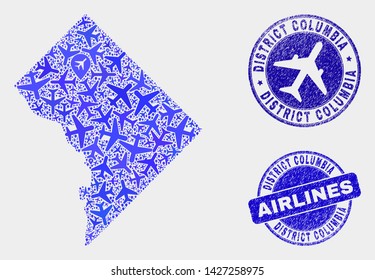 Air plane vector Washington District Columbia map mosaic and grunge watermarks. Abstract Washington District Columbia map is done with blue flat randomized air plane symbols and map markers.
