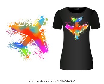 Air plane world travel icon concept design with colorful blots. T-shirt printing. Mixed media. Vector illustration