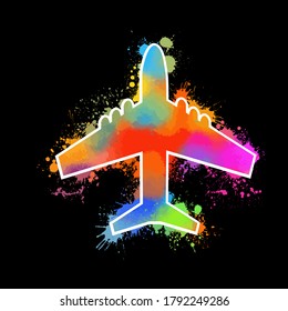 Air plane world travel icon concept design with colorful blots. T-shirt printing. Mixed media. Vector illustration
