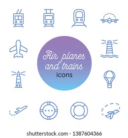 Air planes and trains icons. Set of line icons on white background. Transport concept. Vector illustration can be used for topics like modern life, travelling