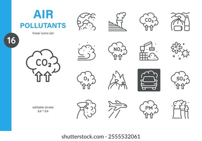 Air pollutants line icon set. Includes CO2, NO2, SO2, ozone, particulate matter, industrial emissions, trash waste burning, and car pollution. Perfect for environmental web design.