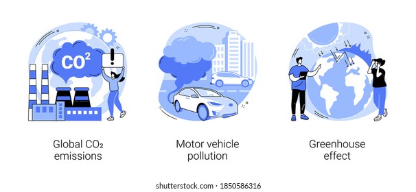 Air pollution abstract concept vector illustration set. Global CO2 emissions, motor vehicle pollution, greenhouse effect, car exhaust, transportation industry, ozone layer abstract metaphor.