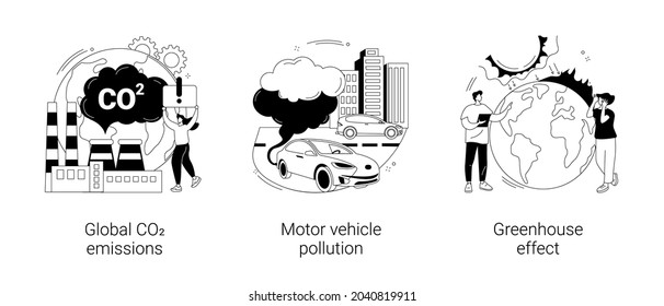 Air pollution abstract concept vector illustration set. Global CO2 emissions, motor vehicle pollution, greenhouse effect, car exhaust, transportation industry, ozone layer abstract metaphor.