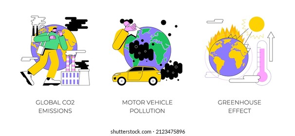 Air pollution abstract concept vector illustration set. Global CO2 emissions, motor vehicle pollution, greenhouse effect, car exhaust, transportation industry, ozone layer abstract metaphor.