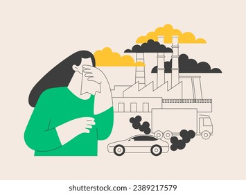 Ilustración vectorial del concepto abstracto de la contaminación atmosférica. Contaminación de fábricas, método de medición de la calidad del aire, problema ambiental, smog urbano, escape de vehículos, metáfora abstracta del calentamiento global.