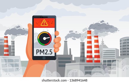 Air pollution alert. PM2.5 alerts meter smartphone notification, dirty air and dirty environment. Burning factory dangerous alert information, fog danger protect application vector illustration