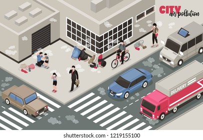 Air pollution background with city problems symbols isometric vector illustration
