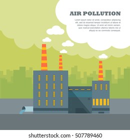 Air pollution banner. Factory with smog pipes isolated on the background of urban city silhouette. Industrial concept. Cause of health problems, acid rains and greenhouse effect. Vector illustration