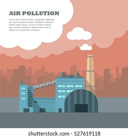 Air pollution banner. Factory with smog pipes isolated on the background of urban city silhouette. Industrial concept. Cause of health problems, acid rains and greenhouse effect. Vector illustration