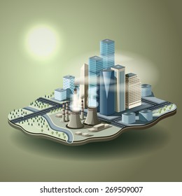 Air Pollution In Big City. Vector Isometric Illustration Of Environmental Pollution Concept.