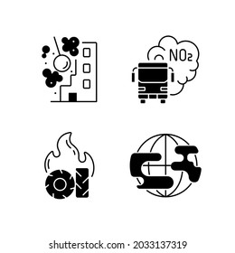 Air pollution black linear icons set. Construction sites are polluting air wirh dust and other toxic materials. Glyph contour symbols. Vector isolated outline illustrations
