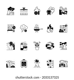 Air pollution black linear icons set. Fighting pollution disaster problems. People damaging own home. Humanity problem. Glyph contour symbols. Vector isolated outline illustrations