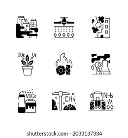 Air pollution black linear icons set. People damaging planet environment and atmosphere. Rubish increasing process. Glyph contour symbols. Vector isolated outline illustrations