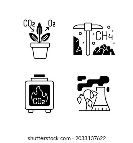 Air pollution black linear icons set. Air purifying plants at home. Residential wood burning damaging atmosphere. Glyph contour symbols. Vector isolated outline illustrations