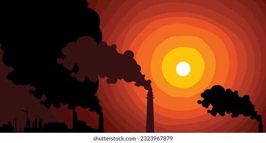 Air pollution from brick kiln smoke. Concept design of polluted industrial toxic furnace smoke over the twilight golden sun.