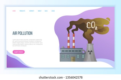 Air pollution by factory, discharge from plant, global or environmental problem, dirty or toxic smoke, contamination and disaster, steam vector. Website landing page flat style. Concept for Earth day