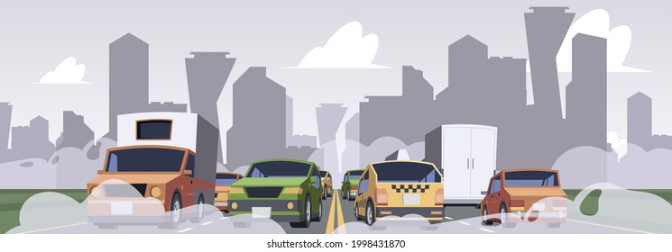 Air pollution from car. Smoke environment industrial traffic save ecology garish vector pollution urban landscape in cartoon style