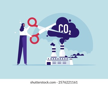 Air pollution with carbon dioxide concept, businesswoman uses scissors to cut air pollution, co2 , ecological problems. Cutting harmful industry emissions with large scissors