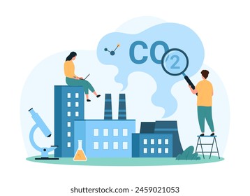 Air pollution with carbon dioxide. Tiny people research greenhouse gas, smog and CO2 emissions from factory chimneys with magnifying glass, study environmental impact cartoon vector illustration