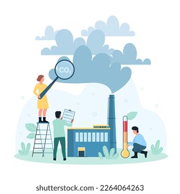 Contaminación del aire con ilustración vectorial de dióxido de carbono. La caricatura de personas pequeñas investiga con lupa la emisión global de vidrio de la chimenea de fábrica, los efectos tóxicos del smog en la atmósfera y el calentamiento climático