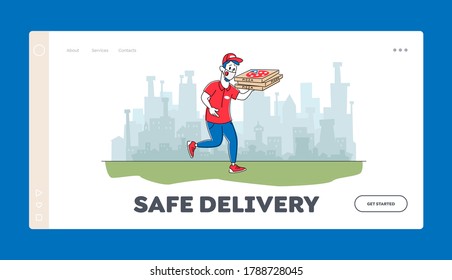 Air Pollution in City, Food Delivery at Coronavirus Pandemic Landing Page Template. Pizzeria Courier Character Wearing Protective Facial Mask Delivering Pizza to Customers. Linear Vector Illustration