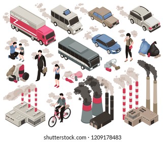 Air pollution in city isometric set with indusrty symbols isolated vector illustration