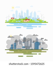 Air pollution city landscape difference flat vector illustration. Environmental damage. Pros of using sustainable, renewable solar and wind energy. Low-emission methods of producing electricity.