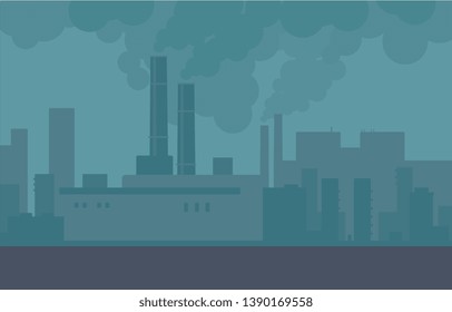 Air pollution in the city pipes of plants and factories. Building smoke, polluted urban air, toxic environment. Vector city illustration.