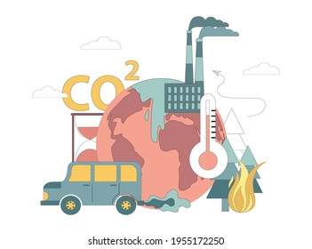 Air pollution with CO2 gas. Greenhouse gas warming effect. Environmental hazard from human activities. Vector illustration isolated on white background.