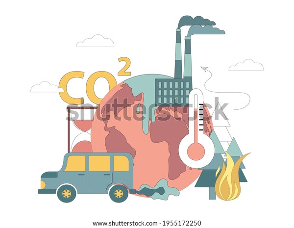 Air pollution with CO2 gas.\
Greenhouse gas warming effect. Environmental hazard from human\
activities. Vector illustration isolated on white\
background.