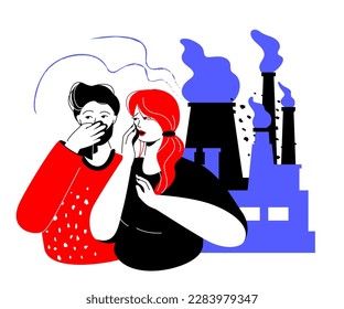 Air pollution - colorful flat design style illustration with linear elements. Red and blue composition with factory with smoking chimneys, people in respiratory protection. Environmental problems